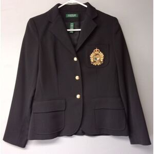 Lauren Ralph Lauren Wool Blazer Womens 8P Black Gold Button Crown Crest Logo